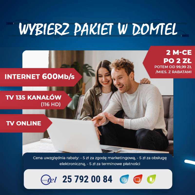 uśmiechnięta para siedzi na kanapie, na stoliku leży laptop, na którym chłopak coś pokazuje dziewczynie oraz informacja 600 mega + telewizja 135 kanałów 2 miesiące po 2zł, potem od 99,99 zł