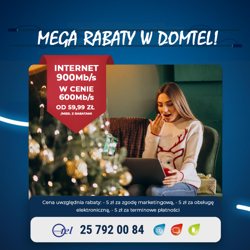 młoda kobieta przegląda coś na laptopie, w tle choinka i informacja internet 900 mega w cenie 600 mega od 59,99 zł miesięcznie z rabatami