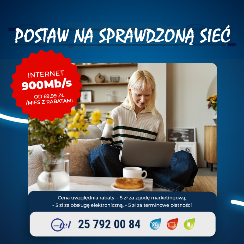 dziewczyna siedzi na fotelu i pracuje na laptopie, na stoliku stoi filiżanka i pączek i informacja internet 900 mega od 69,99 zł miesięcznie z rabatami