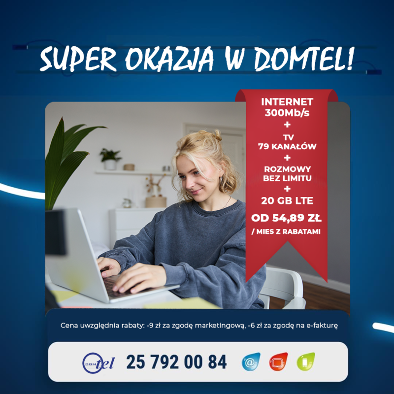 Mega oferta: Pakiet Internet 300 Mb/s, Telewizja 76 kanałów, telefon z nielimitowanymi rozmowami oraz 20 GB LTE. Cena od 69,89 zł miesięcznie z rabatami. Numer kontaktowy: 257920084