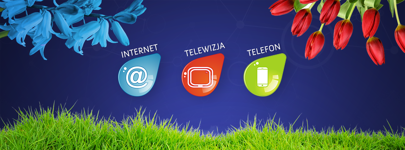 tło ozdobne i trzy łezki: internet, telewizja, telefon