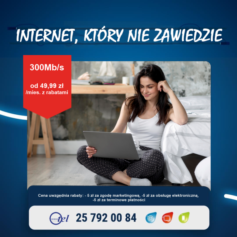 Dziewczyna trzyma na kolanach laptopa i napis internet 300 mega od 49,99 zł