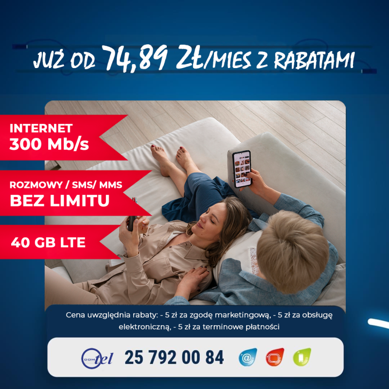 Grafika reklamowa firmy Domtel prezentująca pakiet łączący internet stacjonarny z usługami mobilnymi w cenie od 74,89 zł miesięcznie z rabatami