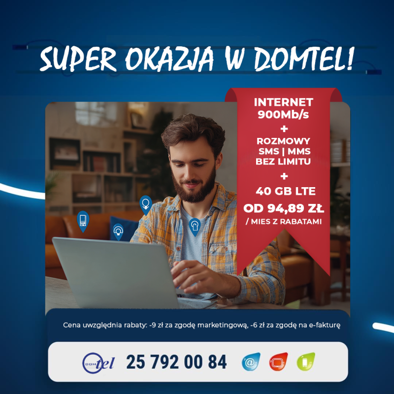mężczyzna pracuje na laptopie i informacja internet 900 mega + rozmowy, sms, mms bez limitu + 40 giga lte od 94,89 zł z rabatami