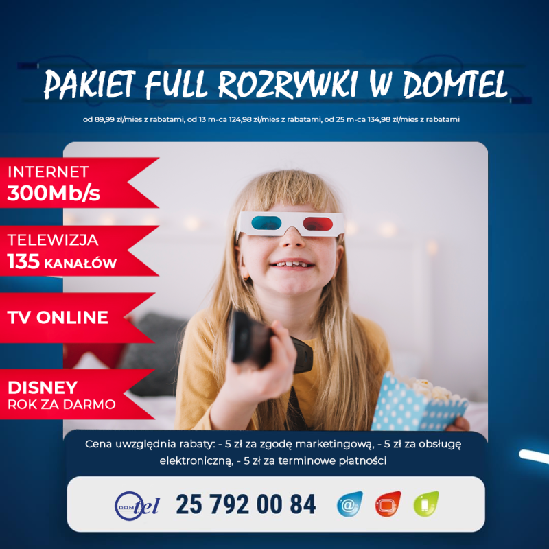 uśmiechnięta dziewczynka w okularach 3D trzyma pilot w ręce i informacja: internet 600 mega + telewizja 135 kanałów + tv online 2 miesiące po 2 zł potem od 99,99 zł miesięcznie z rabatami