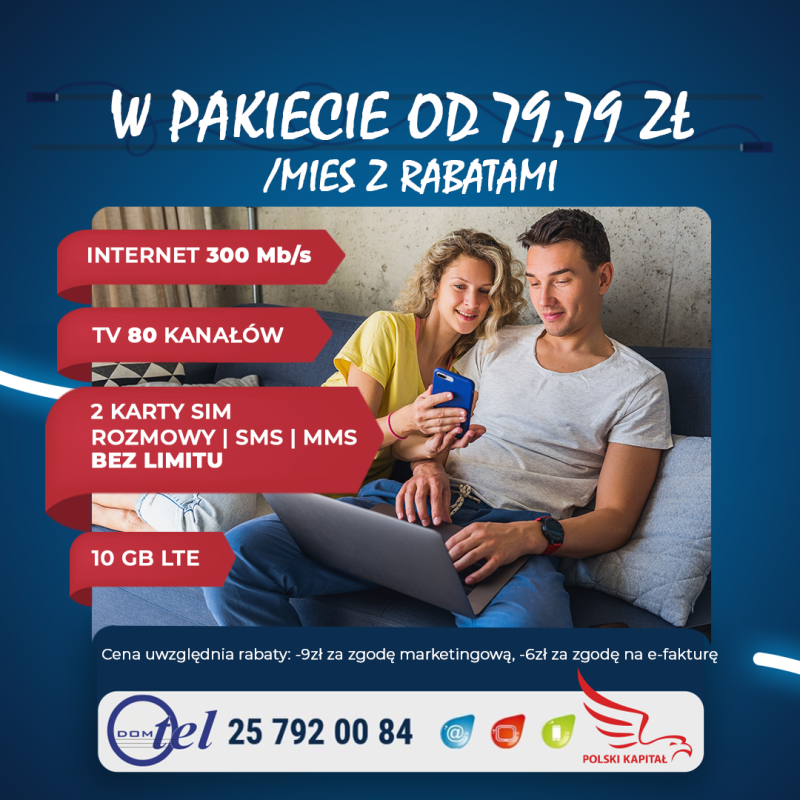 Pakiet Internet 300 Mb/s, Telewizja 80 kanałów, 2 karty SIM z nielimitowanymi rozmowami oraz 10 GB LTE. Cena od 79,79 zł miesięcznie z rabatami. Numer kontaktowy: 257920084