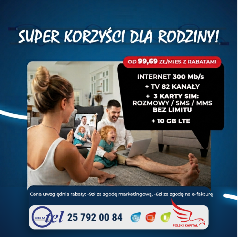 Pakiet Internet 300 Mb/s, Telewizja 80 kanałów, 2 karty SIM z nielimitowanymi rozmowami oraz 10 GB LTE. Cena od 99,69 zł miesięcznie z rabatami. Numer kontaktowy: 257920084