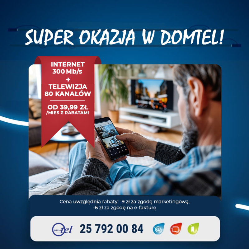 Internet 300 mega i Telewizja (80 kanałów) od 39,99 zł/mies. z rabatami Tel: 257920084.