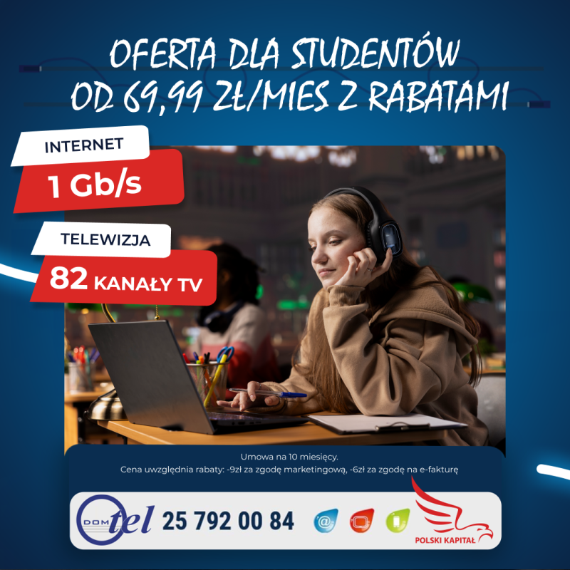 dziewczyna w słuchawkach pracuje na laptopie i oferta dla studentów: internet 1 Gb+ tv 82 kanały od 69,99 zł/mies. z rabatami