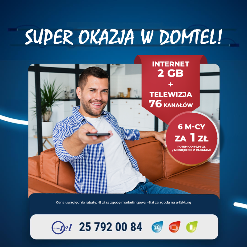 Internet 2 Gb i Telewizja (76 kanałów). Pierwsze 6 miesięcy za 1 zł, później od 94,99 zł/mies. z rabatami Tel: 257920084.