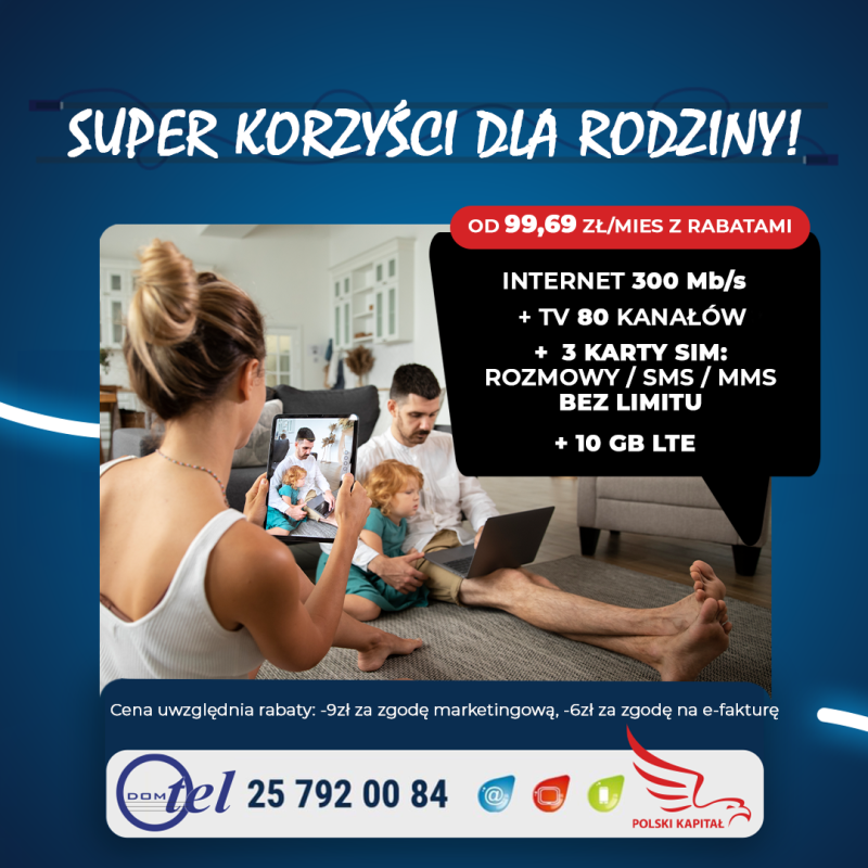 Pakiet Internet 300 Mb/s, Telewizja 80 kanałów, 3 karty SIM z nielimitowanymi rozmowami oraz 10 GB LTE. Cena od 79,79 zł miesięcznie z rabatami. Numer kontaktowy: 257920084