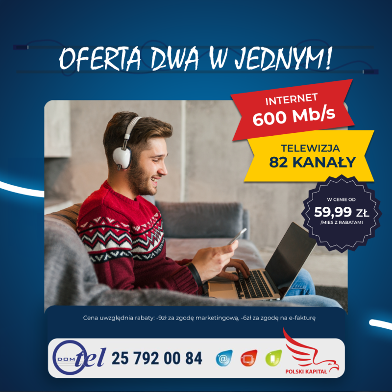 młody mężczyzna w słuchawkach pracuje na laptopie i oferta internet 600 mega + tv 82 kanały od 59,99 zł/mies. z rabatami
