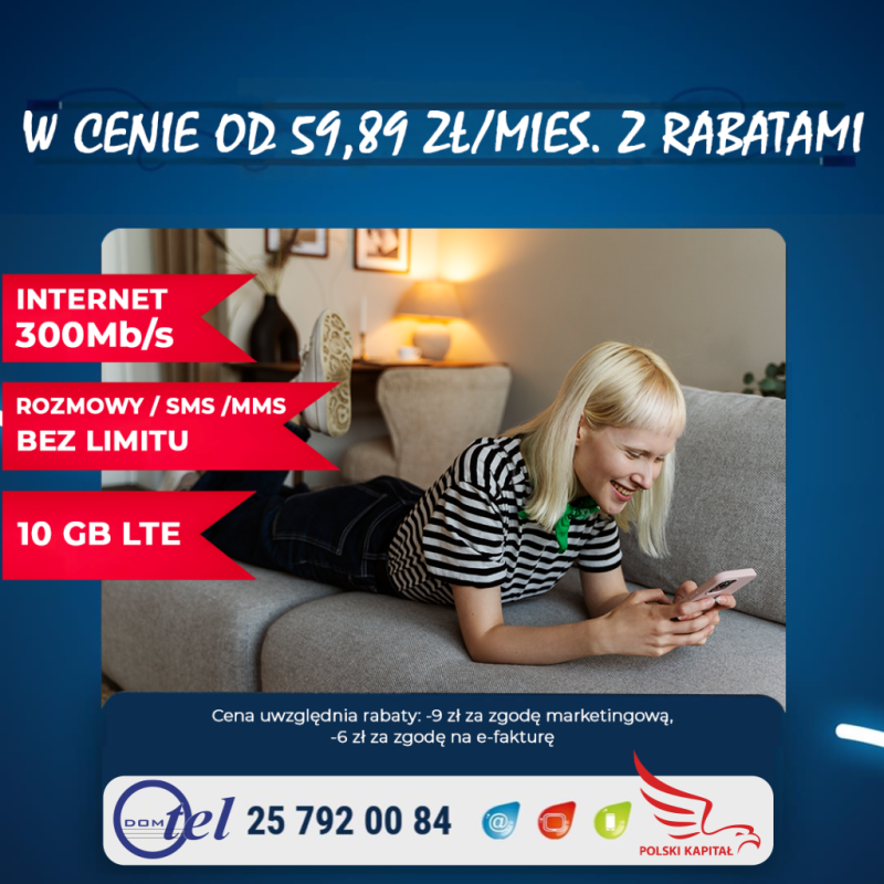 Internet 300 mega i Telewizja (80 kanałów) od 39,99 zł/mies. z rabatami Tel: 257920084.