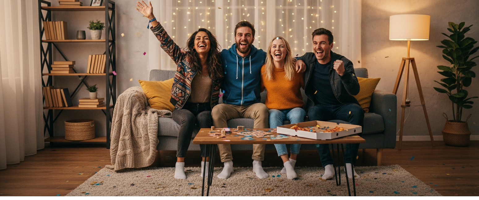 dwie pary siedzą na kanapie i coś oglądają z emocjami