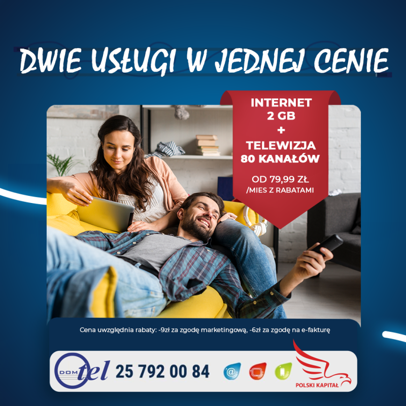 dziewczyna czyta coś na tablecie a chłopak ogląda tv i informacja: Internet 2 giga i telewizja (80 kanałów) od 59,99 zł/mies. z rabatami Tel: 257920084.