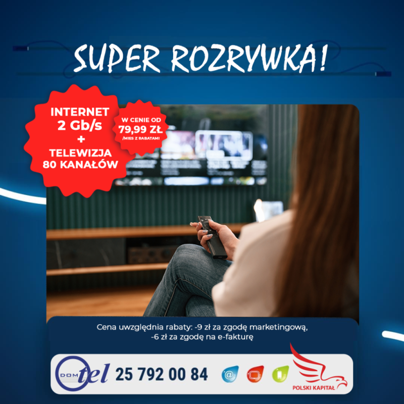 Internet 2 giga i Telewizja (80 kanałów) od 79,99 zł/mies. z rabatami Tel: 257920084.