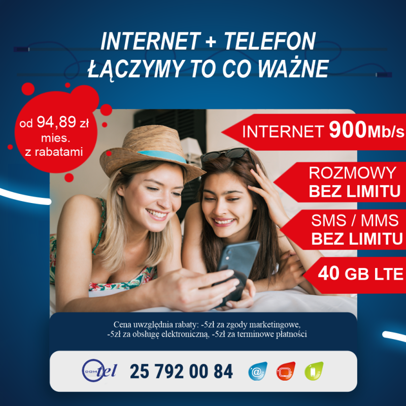 dwie dziewczyny z telefonem w ręce i informacja internet 900 mega + rozmowy, sms, mms bez limitu + 40 giga LTE od 94,89 zł