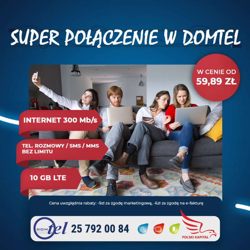 grupa młodych ludzi siedzi na kanapie, trzy osoby korzystają z laptopa a jedna robi im zdjęcie telefonem i informacja internet 300 mega + rozmowy, sms, mms bez limitu + 10 GB LTE od 59,89 zł/mies z rabatami