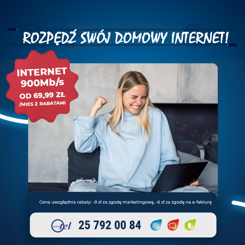 młoda kobieta ma zamknięte oczy i zaciska pięć, na kolanach trzyma laptopa i informacja rozpędź swój domowy internet - Internet 900 mega od 99,99 zł z rabatami