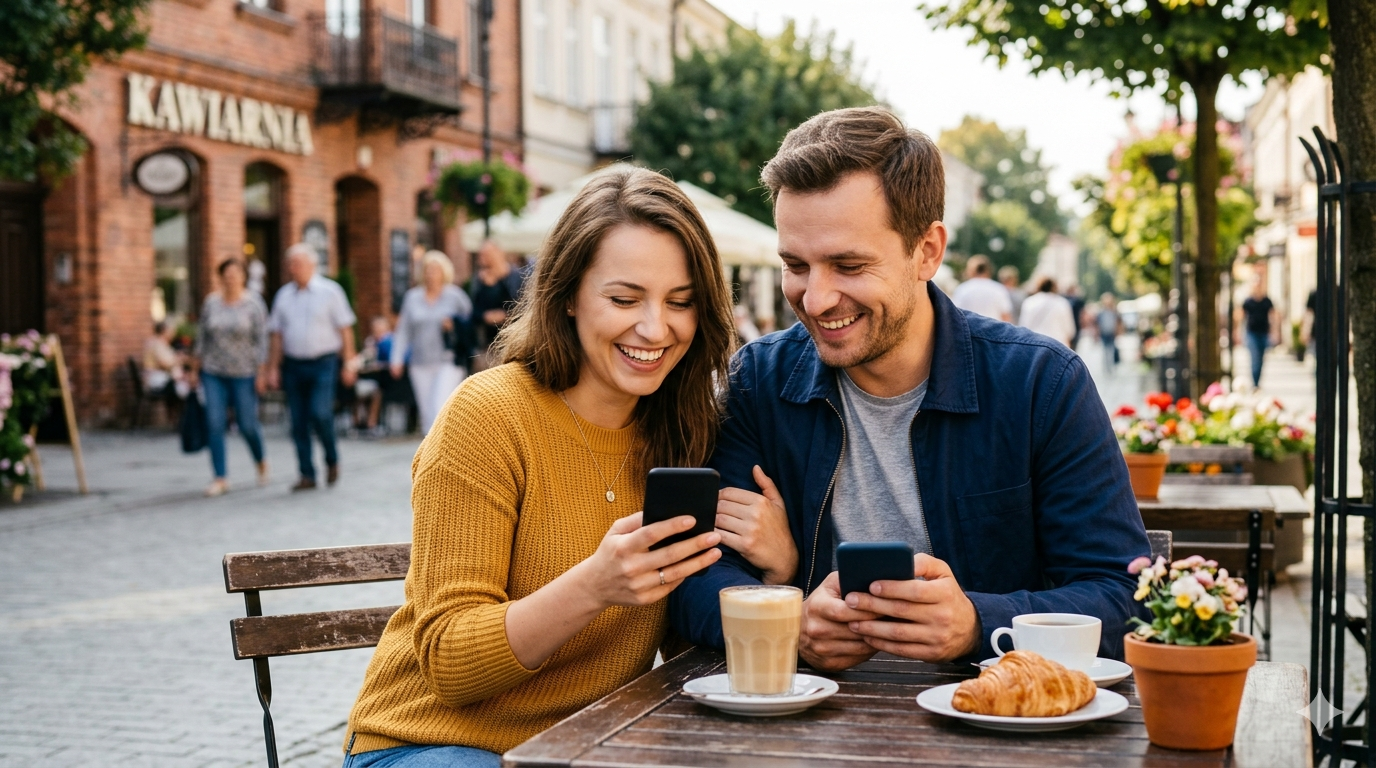 para siedzi przy stoliku w kawiarni i oglądają coś na telefonie