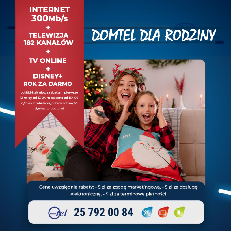 dziewczyna siedzi na kanapie, na kolanach ma laptopa i coś ogląda i informacja: pakiet który się opłaca: internet 300 mega + telewizja 177 kanałów + tv online od 99,99 zł miesięcznie z rabatami