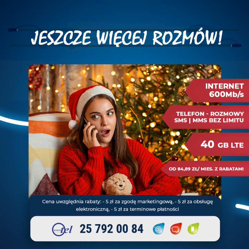 chłopak siedzi przez laptopem i korzysta z telefonu i napis: super okazja w domtel oraz informacja: internet 2 giga + rozmowy bez limitu + 20 giga lte od 94,89 zł miesięcznie z rabatami